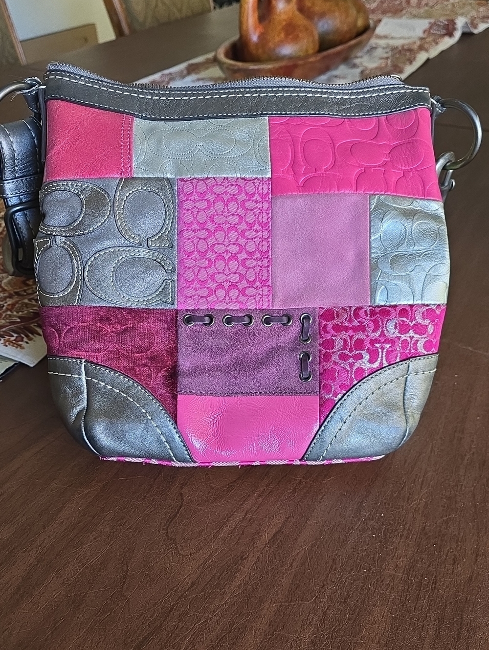 Coach Patchwork Leather Crossbody Bag in Pink & Metallic Silver